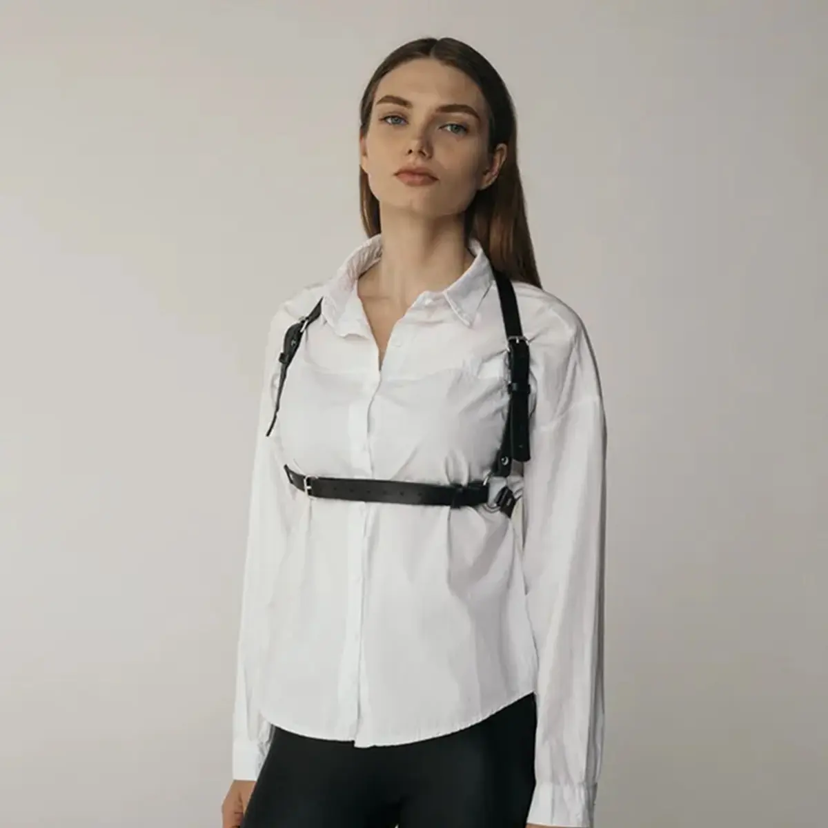 Women's Gothic Faux Leather Harness Corset - Minimal Suspender, Contoured Torso Fit, Rivet, Long Sleeve Compatible, Anti-Rust, Plain, Compact, Layering, Lie Flat, Office/Night Out/Outdoor Festival Accessory