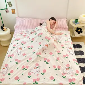 Washable Envelope Hotel Sleep Bag Liner, Floral Rabbit Print, Lightweight Travel Bedding, Compact Design, Durable Fabric, Single & Twin Use