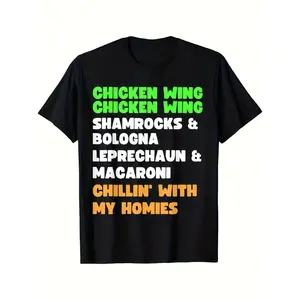 Saint Patrick S Day Irish Food Lovers T Shirt with Chicken Wings Shamrocks Bologna and Macaroni Graphic Print Soft Breathable Unisex Crew Neck Casual St Paddy S Day Apparel for Men and Women