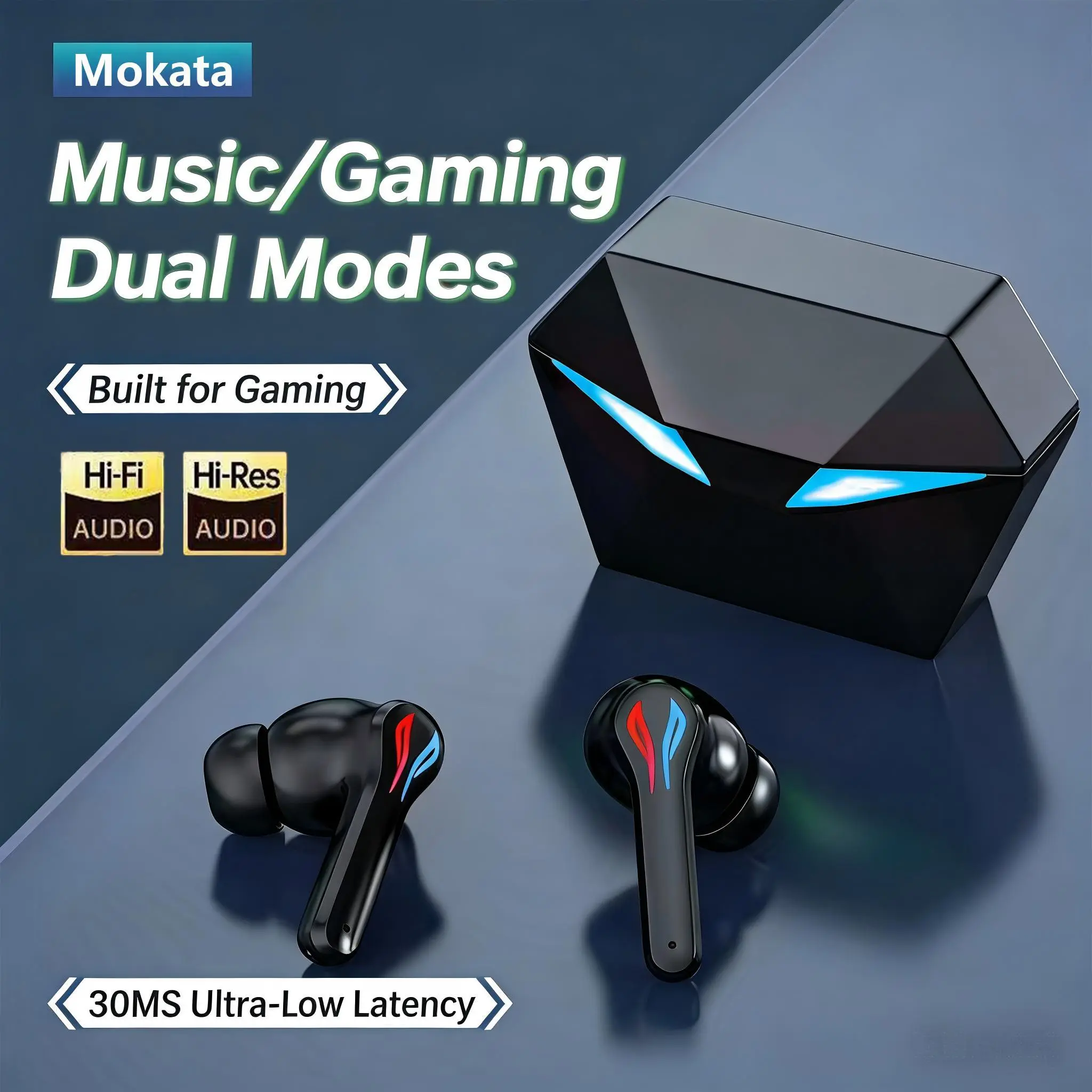 MOKATA Cool Lighting Activates with One Click! Mecha Design with Demon Eye Lights Delivers Immersive Esports Styling; Cyberpunk Charging Case Featuring Streamlined Lines Delivers a Stunning Visual Experience. Equipped with Dimmable RGB Light Strips
