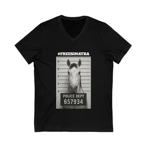 #Freesinatra Horse V-Neck Tee, Funny Animal Shirt, Unisex Graphic Tee, Gift for Horse Lovers, Unique Riding Apparel, Quirky T-Shirt