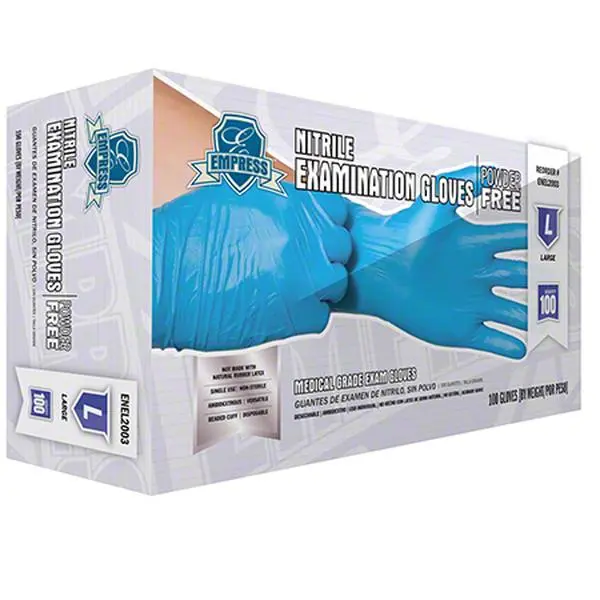 Empress Exam Grade Blue Nitrile Powder Free Glove - Size: Large - 10 Boxes, 100 gloves in each box per case.