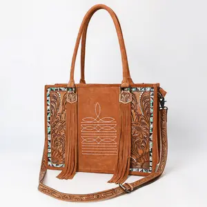 American Darling Western Leather Tote Bag – Genuine Tooled Panels, Fringe Accents, Spacious Design, Premium Craftsmanship