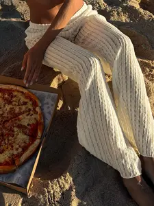 Women's Boho Holiday Style Loose Fit Elastic Waist Knit Pants, Chic Casual Bohemian Natural Waist Straight Leg Long Trouser, Plain Design Comfortable Elasticity Summer Beachwear Bohemian Womenswear Bottom