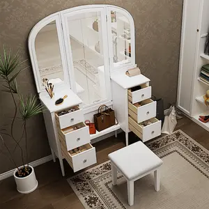 Makeup Vanity Desk Set with Triple Mirror, 6-Drawer Dressing Table Set Including Stool, Full Length Mirror for Bedroom Dressing Room, White