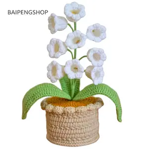 1Pcs Handmade Crochet Lily of the Valley Potted Plant, Vivid Artificial Decorative Flowers, Cute Knitted Floral Ornament, Stylish Indoor Home Desktop Decor, Creative Handcraft Gift For Family