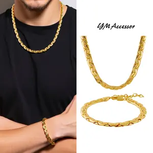 YM 18K Gold Plated Cuban Chain Necklace & Bracelet Set for Men & Women Hip Hop Jewelry Tarnish-Free Waterproof Hypoallergenic Comfortable Gift Idea Premium Base Metal Solidly Constructed Sturdy Lobster Clasp