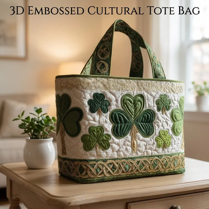Travel Duffel Handbag for Women, Irish 3D Embossed Shamrock Clover Celtic Knot Print, Quilted Polyester, Large Capacity, Soft Padded Hand Carry Shoulder Bag for St. Patrick's Day, Shopping, Daily Outings