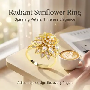 Sunflower Spinning Ring for Women, Anxiety Fidget Ring with Rotating Petals, Elegant Flower Design with Cubic Zirconia, Stress Relief Jewelry & CZ Engagement Ring