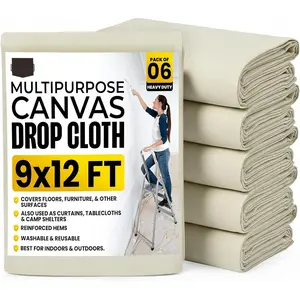 Drop Cloth for Painting (9x12 ft, 6 Pack) Washable and  Canvas Fabric for Furniture & Floor Protection Highly Absorbent  Cover - Duck Dropcloth for Outdoor and Indoor Use