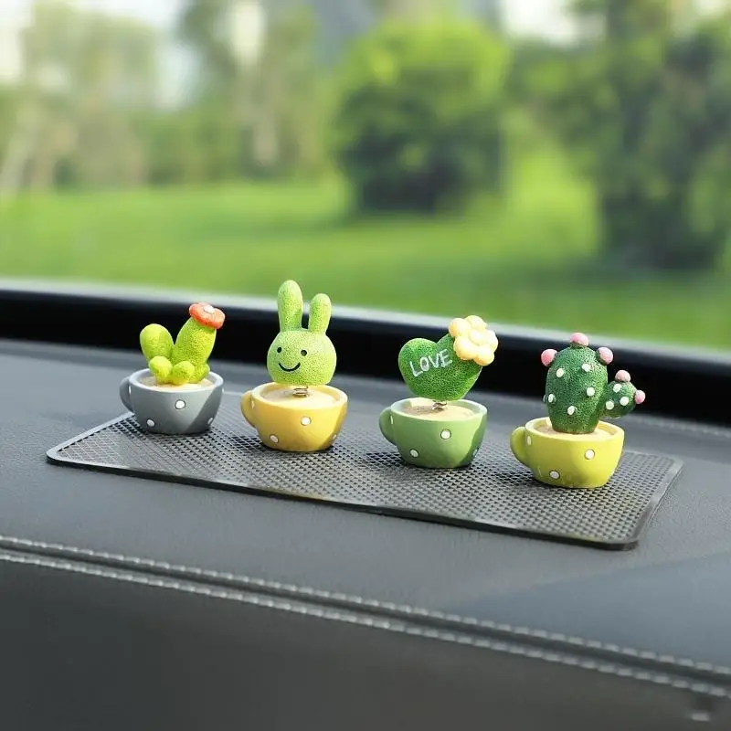 Cute Cartoon Shaking Head Plant Car Decoration, Mini Potted Cactus Car Ornament, Mug Design Car Interior Decor for Home Office Vehicle, Cute Car Acces