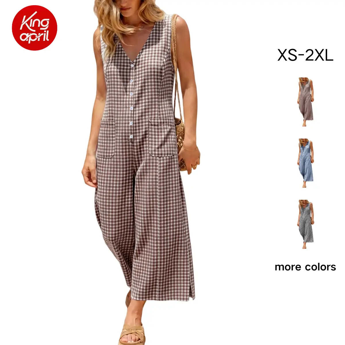 Kingapril Women's Retro Plaid Jumpsuit in Breathable 100% Cotton, Sleeveless Wide Leg Summer Essential with an Adjustable Waist & Pockets, Vintage, Piece, Overalls For Women, Loose-Fit, Style, Classic, Checkered, Basics, V-Neck, Drawstring, Cold Wash