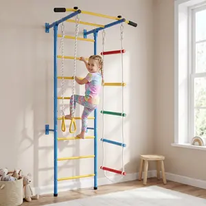 Wall-Mounted Wooden Climbing Ladder Stall Bars for Toddlers & Kids, 5-in-1 Indoor Home Fitness Playground with Gym Rings & Pull-Up Bar playset