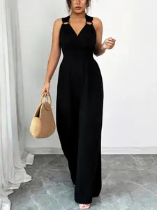 Halter Neck Crisscross Back Tie Wide Leg Jumpsuit for Womenswear Overalls Womenswear Overalls Rompers Bridal Chic Elegant