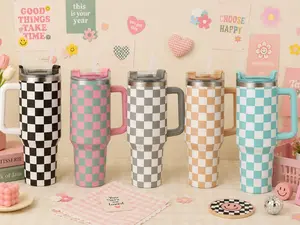 Checkered 40oz Tumbler with Handle, Insulated Travel Mug, Hot & Cold Stainless Steel Cup, Portable Coffee & Water Cup