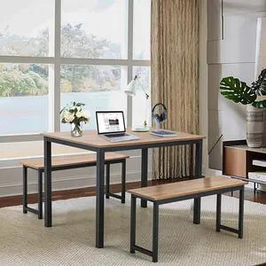 Moccha Dining Table Set for 4, 3-Piece Modern Breakfast Table Set with 2 Benches & Metal Frame, 43.5" Wood Kitchen Table Set, Space-Saving Dinette Set for Small Spaces, Dining Room, Natural