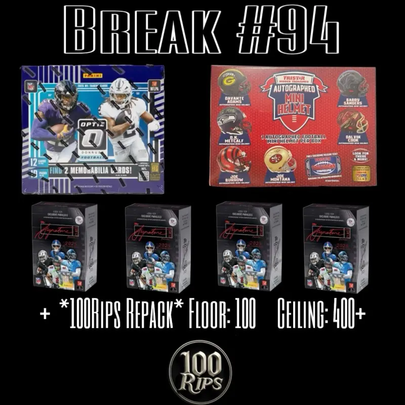 Break #94- (2025 Football mixer) 1x 2025 Optic H2 hobby, 1x Mini helmet auto, 4x Topps Signature Class blasters w/ 100Rips nothing but hits Pack!
