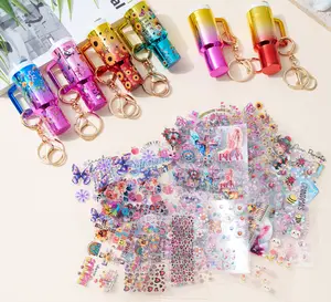 70pcs/24pcs Cartoon Mini Tumbler Cup Gradient color Keychains Stickers Set