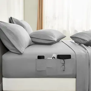6 count Bed Sheets Set with Pockets  Side(, Light Grey), -Wicking Breathable Sheets, 16-inch Super Soft Hotel Embroidered Microfiber Sheet Set