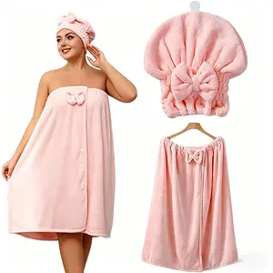 Plus-Size Bath Skirt & Quick-Dry Cap Set, Soft Coral Fleece, Ultra Absorbent, Skin-Friendly Material, Quick-Drying, Comfortable & Secure Fit for Home & Bathroom Use