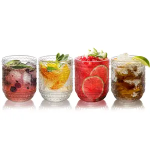 Vintage Embossed Sunflower 12 oz Tumblers, Sturdy Thick Stylish Drinking Glass Set of 4, Colorful Heavy-Duty Kitchenware Cups for Coffee, Whisky