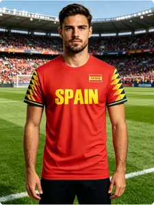 New Trendy Fashion Men's T-Shirt, Spanish Flag Color Football T-Shirt, Bottom Letters, Sporty Style, Slim-Fitting