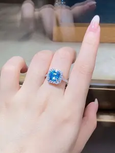 Pure Silver Ring Square Full Diamond Women's Sea Blue Topaz High Carbon Zircon Tower Cut Ring, Elegant Jewelry Accessory