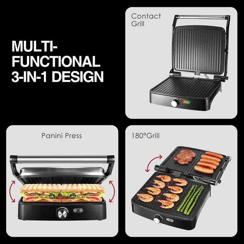 Panini Press Grill Indoor Sandwich Maker with Temperature Setting, 4 Slice Large Non-stick Versatile Grill, 180 Degrees to Fit Any Type or Size of Food, Removable Drip Tray, 1200 W Household Appliances grill for outdoor Universal Griddle