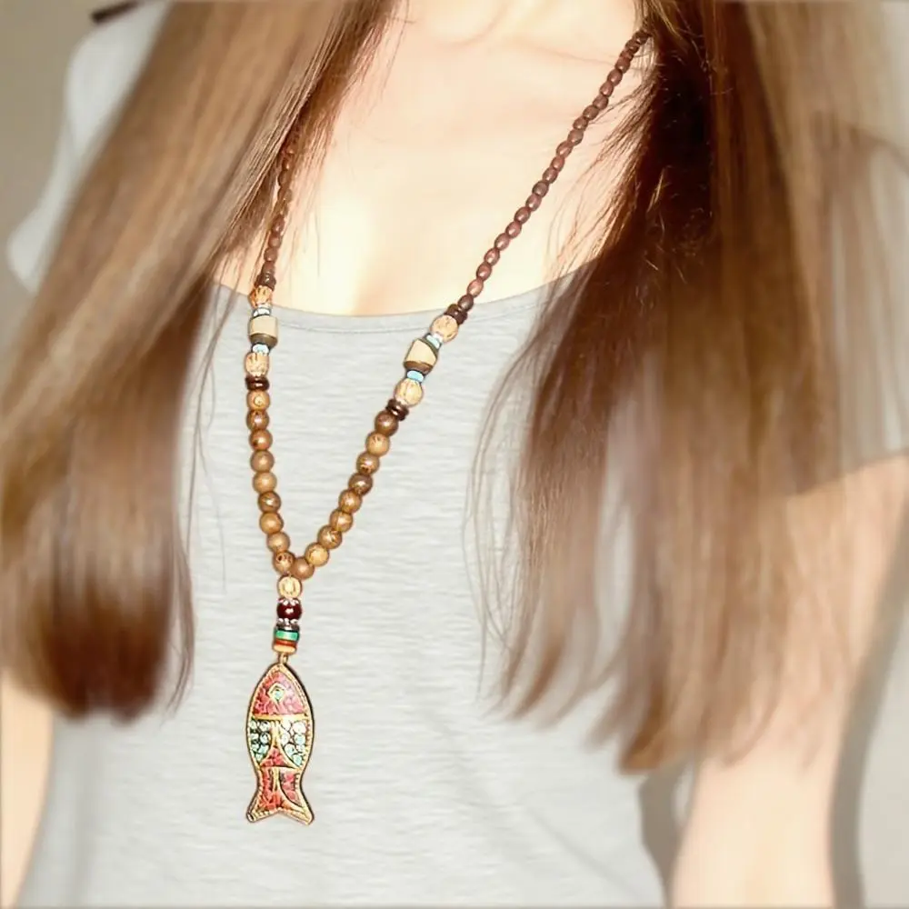 Women's Handmade Nepalese Ethnic Fish-Shaped Pendant Necklace - Boho Style Jewelry, Gold Accents, Polished Beaded, Beaded Necklace Inspo, Cultural Artistic Daily & Vacation Accessory