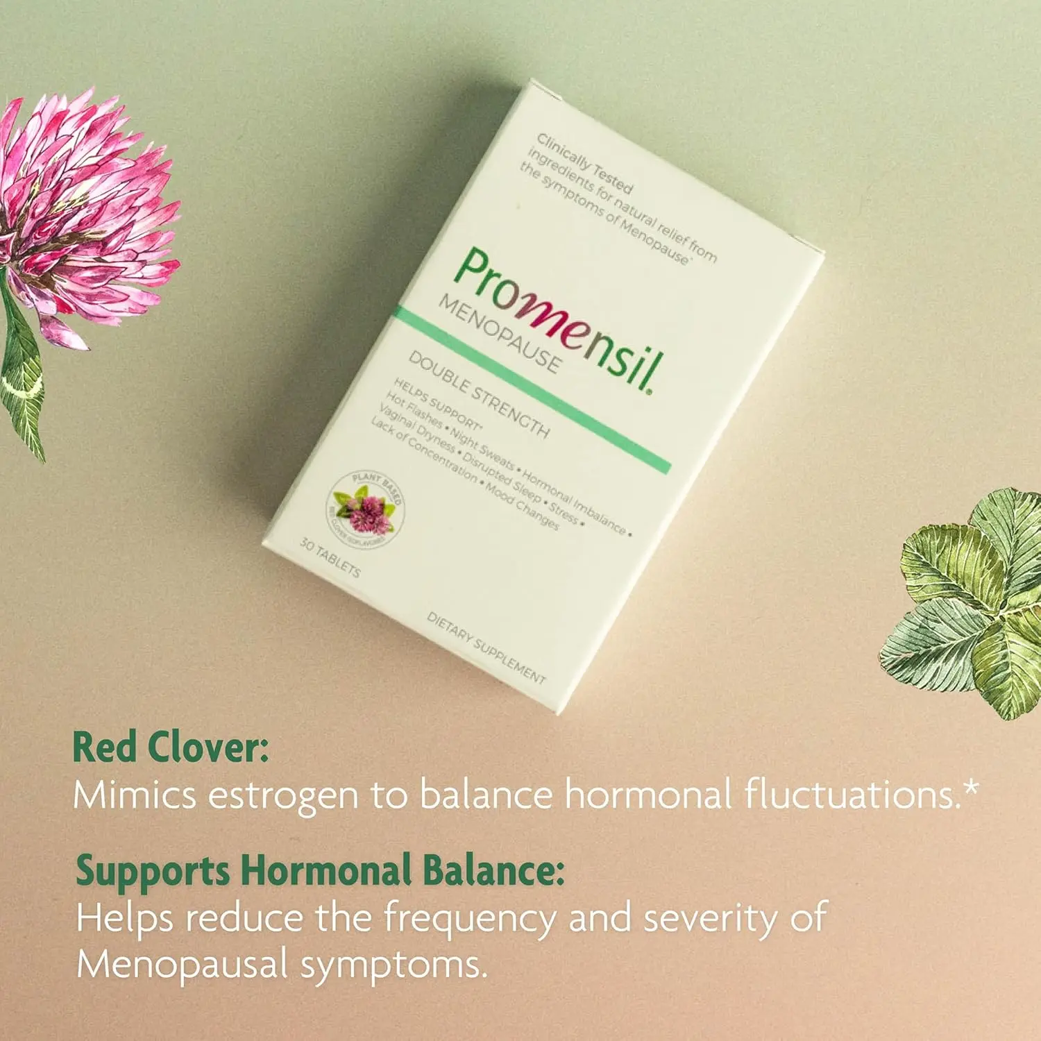 Promensil Menopause Double Strength Tablets for Hot Flashes Night Sweats Hormonal Balance Support with Edible Red Clover Isoflavones 30 Tablets Natural Relief Vitamin Dietary Fitness Supplement Healthcare
