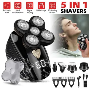 5 in1 Head Shavers for Bald Men, Rechargeable Bald Head Hair Beard Trimmer Razor Wet Dry, Detachable Cordless Shaver, 5D Electric Razor Waterproof for Bald Men, Wet/Dry LED Display Rechargeable Rotary Shaver Grooming Kit