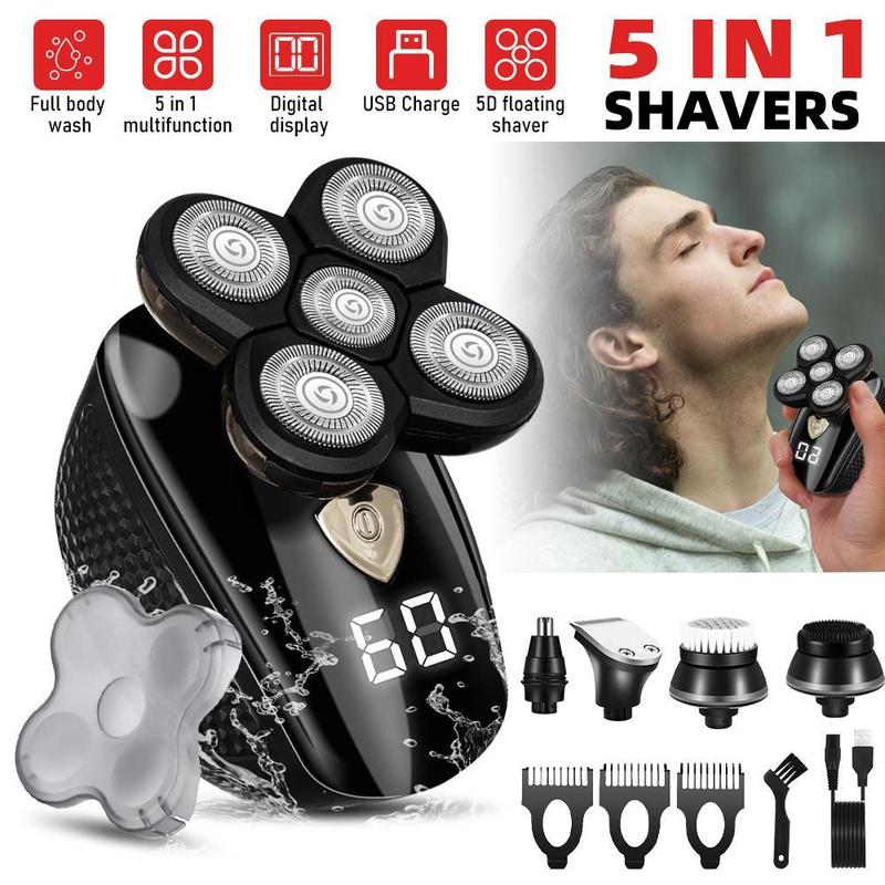 Rechargeable Bald Head Hair Beard Trimmer Razor Wet Dry, 5 in1 Head Shavers for Bald Men, Detachable Cordless Shaver, 5D Electric Razor Waterproof for Bald Men, Wet/Dry LED Display Rechargeable Rotary Shaver Grooming Kit,