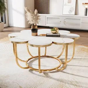 Tribesigns White and Gold Flower-Shaped Coffee Table with Faux Marble Tabletop, 39.37-Inch Center Table for Living Room, Bedroom, Lounge
