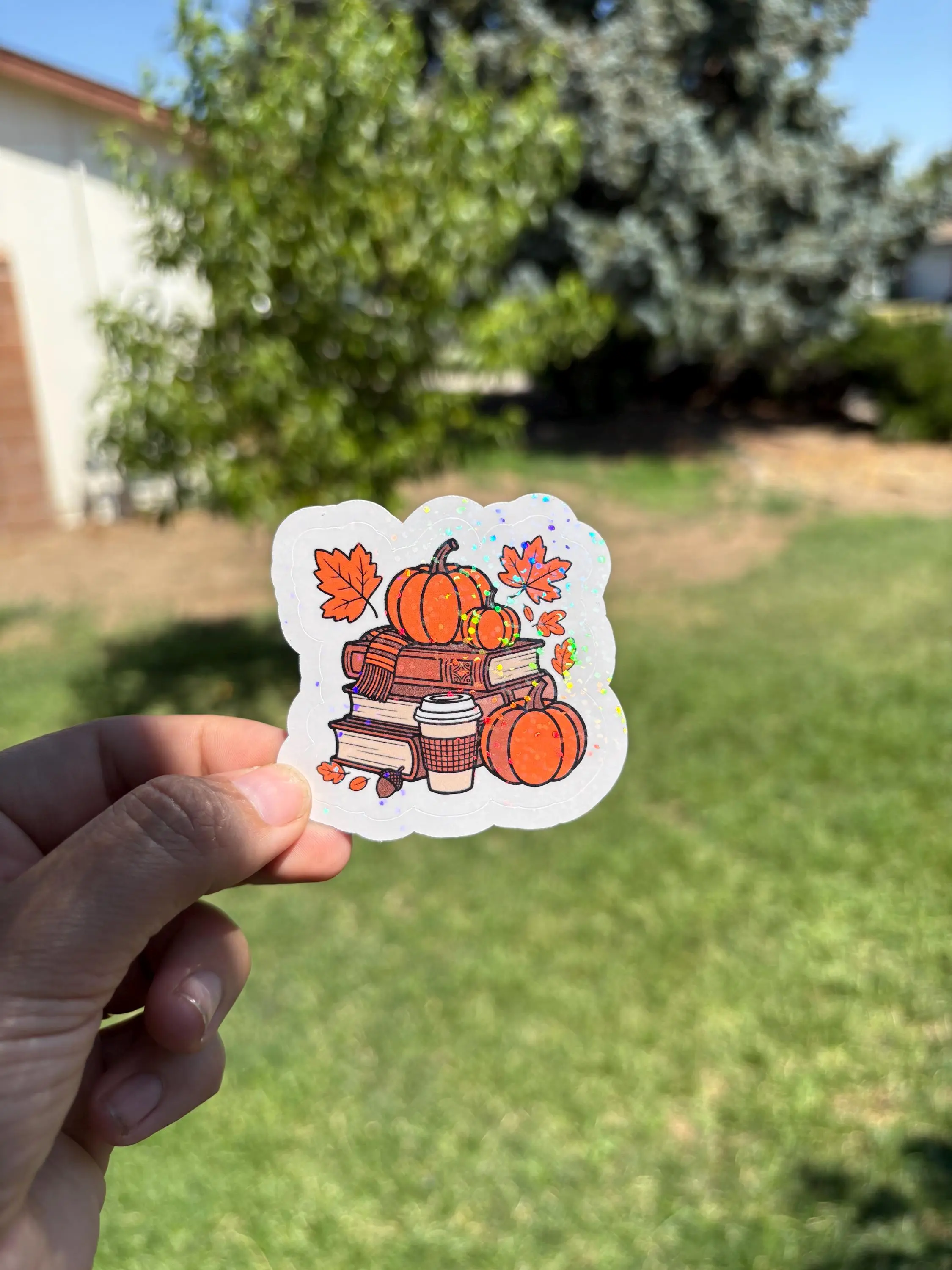 Cozy Autumn Books Sticker - Holographic Pumpkin Coffee Vinyl Decal, Waterproof Fall Gift for Book Lovers
