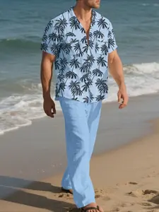 New Summer Arrival American-style Imitation Linen Slub Loose Men's Cargo Hawaiian Casual Short-Sleeve Shirt Set