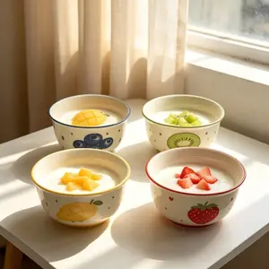 4 Pcs Cartoon Cream Style Fruit Ceramic Bowl Cute Anti-scald Soup Bowl Home Kitchen Noodle Ramen Tableware Bowl
