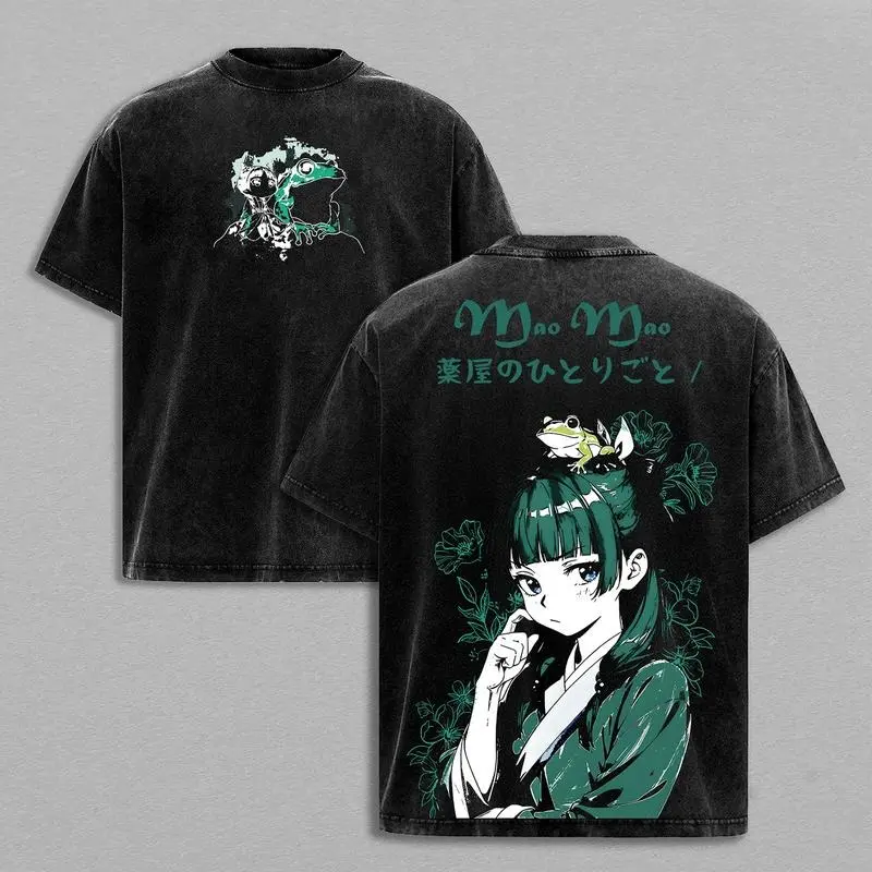 Men's Oversized Crew Neck Short-Sleeve Graphic T-Shirt - The Apothecary Diaries Anime Double-Sided Print, Vintage Washed Heavy Cotton Japanese Streetwear Top, Distressed, Festive, Casual Menswear