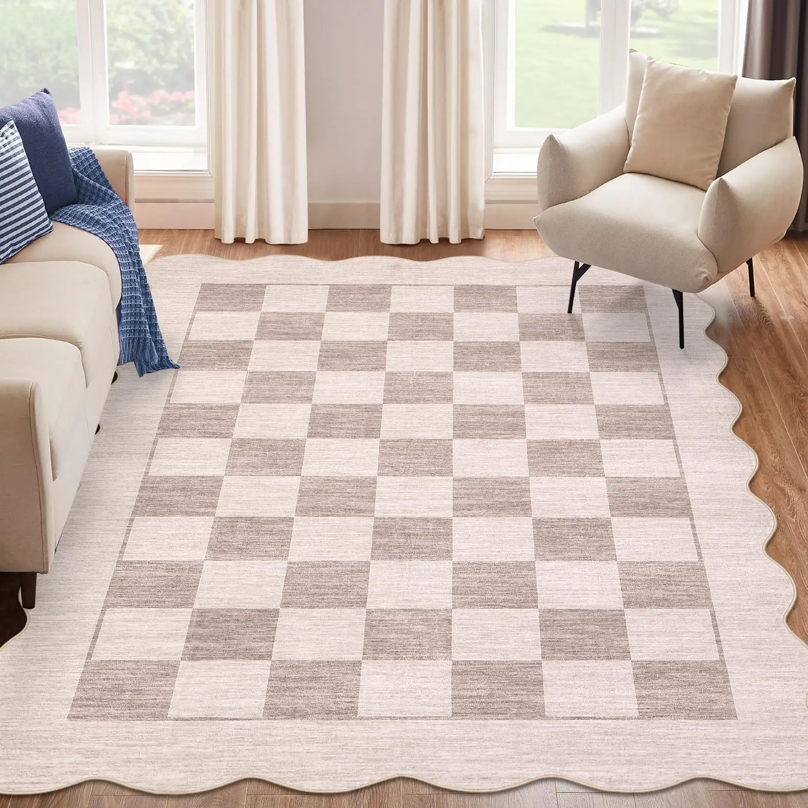 5x7 Rugs for Living Room Washable Rug Modern Checkered Rugs for Bedroom Non Slip Floor Cover Stain Resistant Low Pile Throw Carpet for Dining Room Office，Beige/Brown
