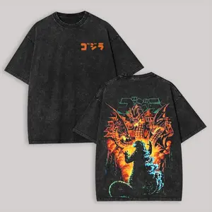 Godzilla Printed Unisex Washed T-Shirt Casual Streetwear Tshirt