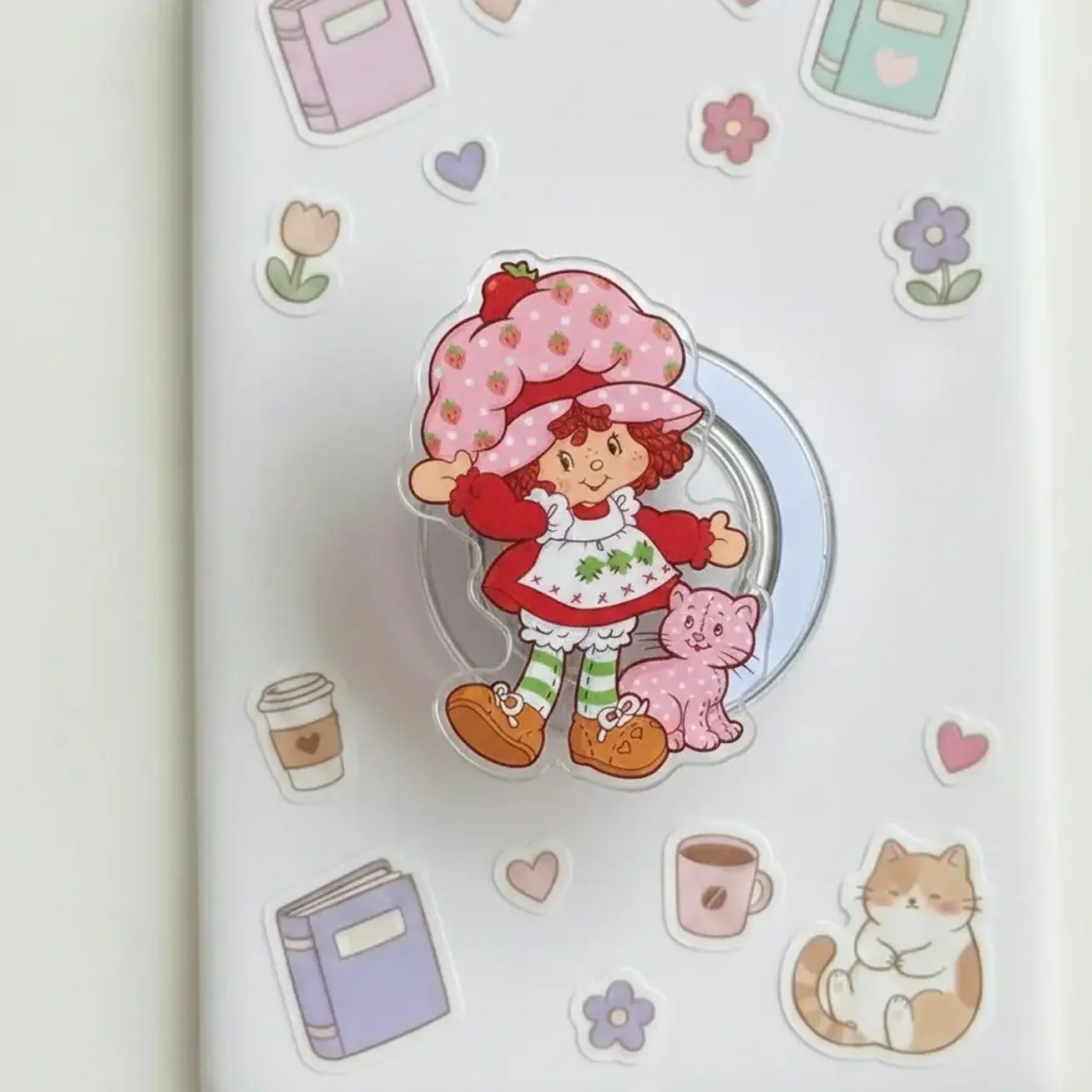 Vintage Strawberry Girl Phone Grip, Sweet Berry Aesthetic Phone Holder, Y2K Nostalgia Accessory, Kawaii Pink Girl Phone Stand, Cute Fruit Theme Gift for Her, Retro Cartoon Topper