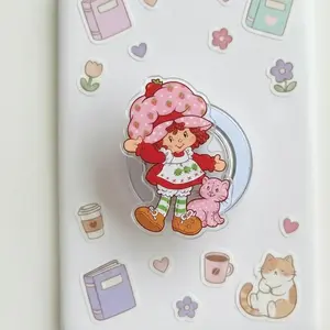 Vintage Strawberry Girl Phone Grip, Sweet Berry Aesthetic Phone Holder, Y2K Nostalgia Accessory, Kawaii Pink Girl Phone Stand, Cute Fruit Theme Gift for Her, Retro Cartoon Topper