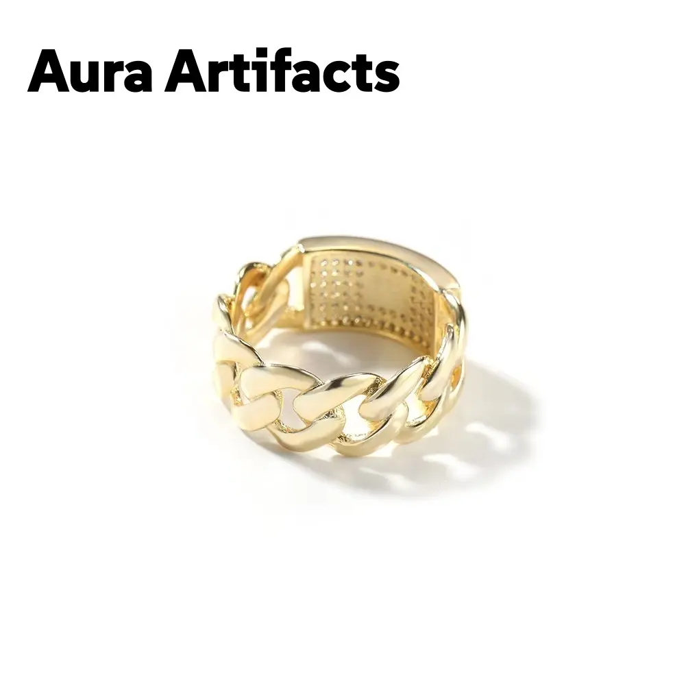14K Gold Plated Iced Out Cuban Link Ring with Shining Initial  Zircon, Hip Hop Street Style Unisex Ring, Tarnish Free Waterproof Statement Jewelry Gift
