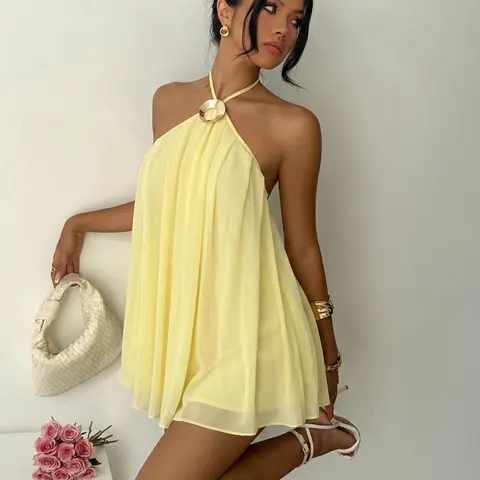 Yellow Halter Metal Buckle Chiffon Mini Dress - Backless, Sleeveless Beach Style Summer, Soft Flowy Fabric for Vacation & Date, Versatile, Casual Sexy Outfit, Wrinkle Resistant for Party & Daily, Casual Wear