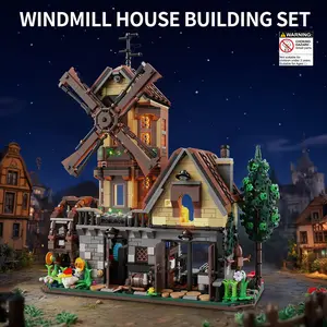 1436pcs Farmhouse Building Block Set, Windmill House Construction Toy Kit with LED Lights, Enhances Hand-Eye Coordination, Gift for Kids 6+, Playset