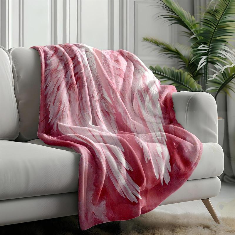1 piece Pink angel wings with a beautiful artistic conception themed flannel blanket - Oversized fluffy warm sofa blanket, suitable for beds and sofas, modern geometric pattern design, all-season use, digital printing, 100% polyester material