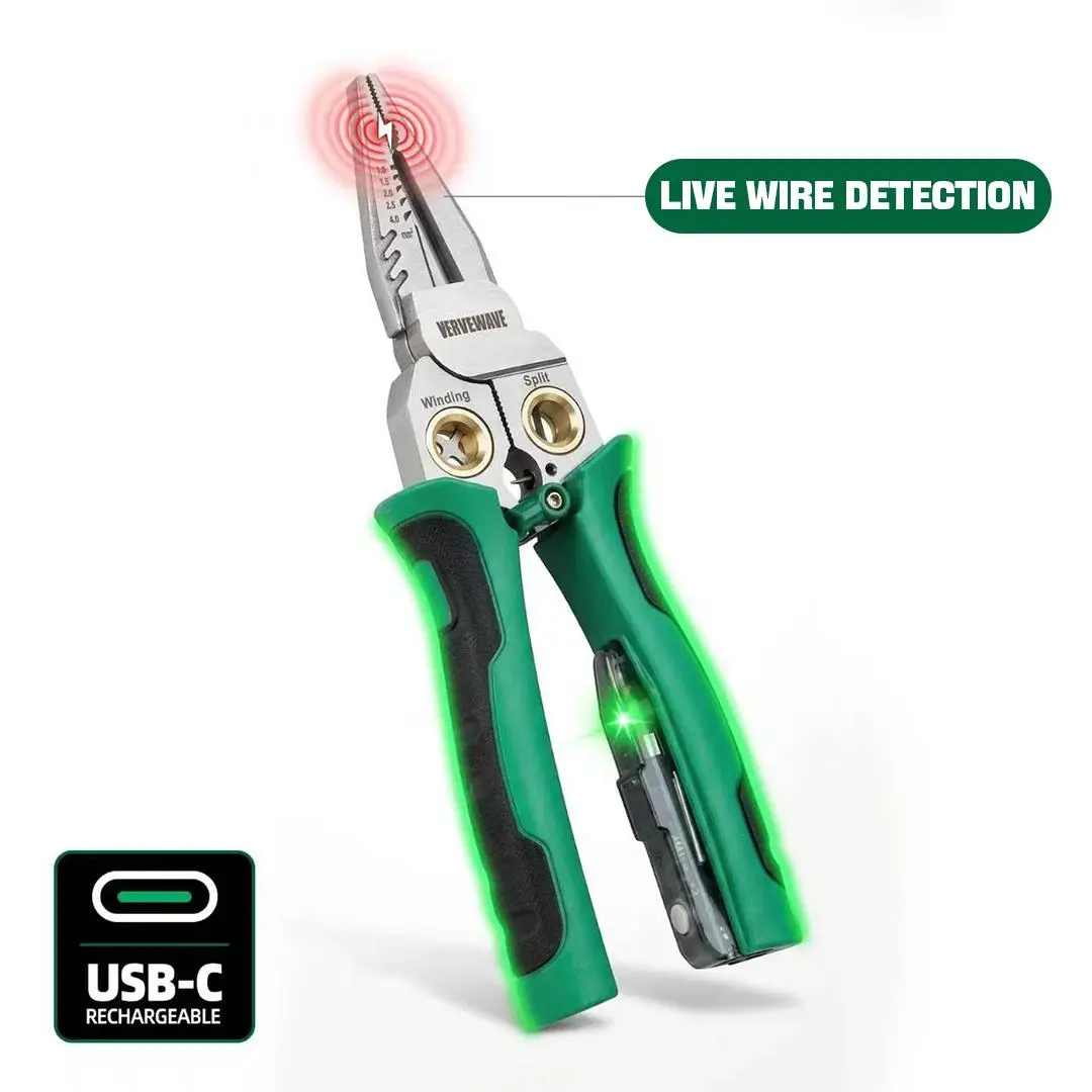 SEESE 8-in-1 wire stripper/twister for cutting and pullingwires, voltage tester pliers, cable scissors, 12V-250Vlive/neutral/hot wire identification (AC/DC), audible andflashing LED alarms, DIY repair multi-function electrician tool set