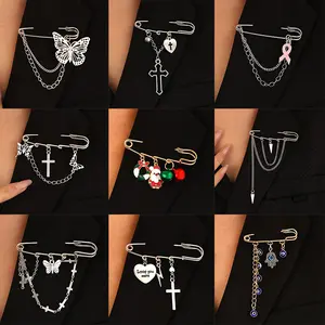 New Style Chain Brooch for Men and Women, Minimalist Cold Style, Butterfly, Heart & Cross Pins, Punk & Hip-Hop Suit Lapel Pins
