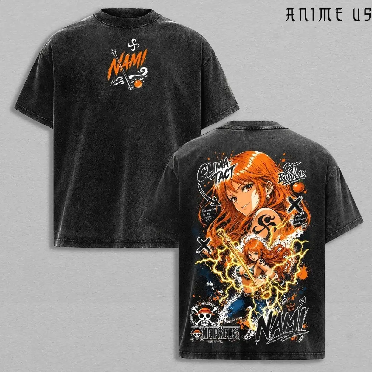 Nami Vintage Washed T-Shirt OP Anime Graphic Tee Oversized Streetwear Shirt Cat Burglar Manga Fan Gift Unisex Clothing 6HO