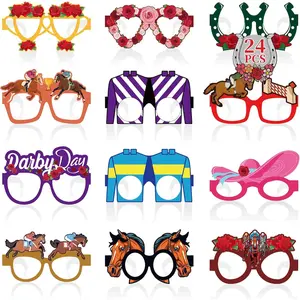 24 count Derby Party Decorations, Kentucky Paper Glasses, Horse Racing Theme Cardboard Eyeglasses with Roses and Hats, Birthday Derby Costume Accessories Favors for Women and Men