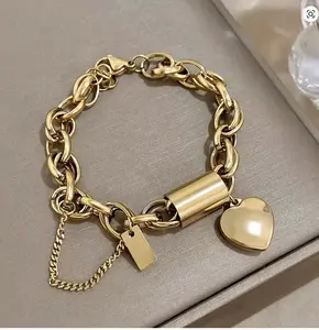 Heart Lock Stainless Steel Charm Bracelet Chunky Gold Plated Chain Love Bracelets Christmas Valentine Gift bracelet  gifts perfect jewelry gift Cute Heart Design Bracelet